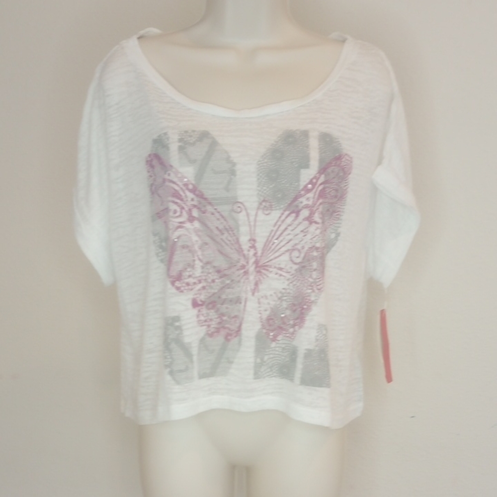 ENERGIE White and Pink Butterfly Butterfly Print Women's Top Short Sleeves Sz L
